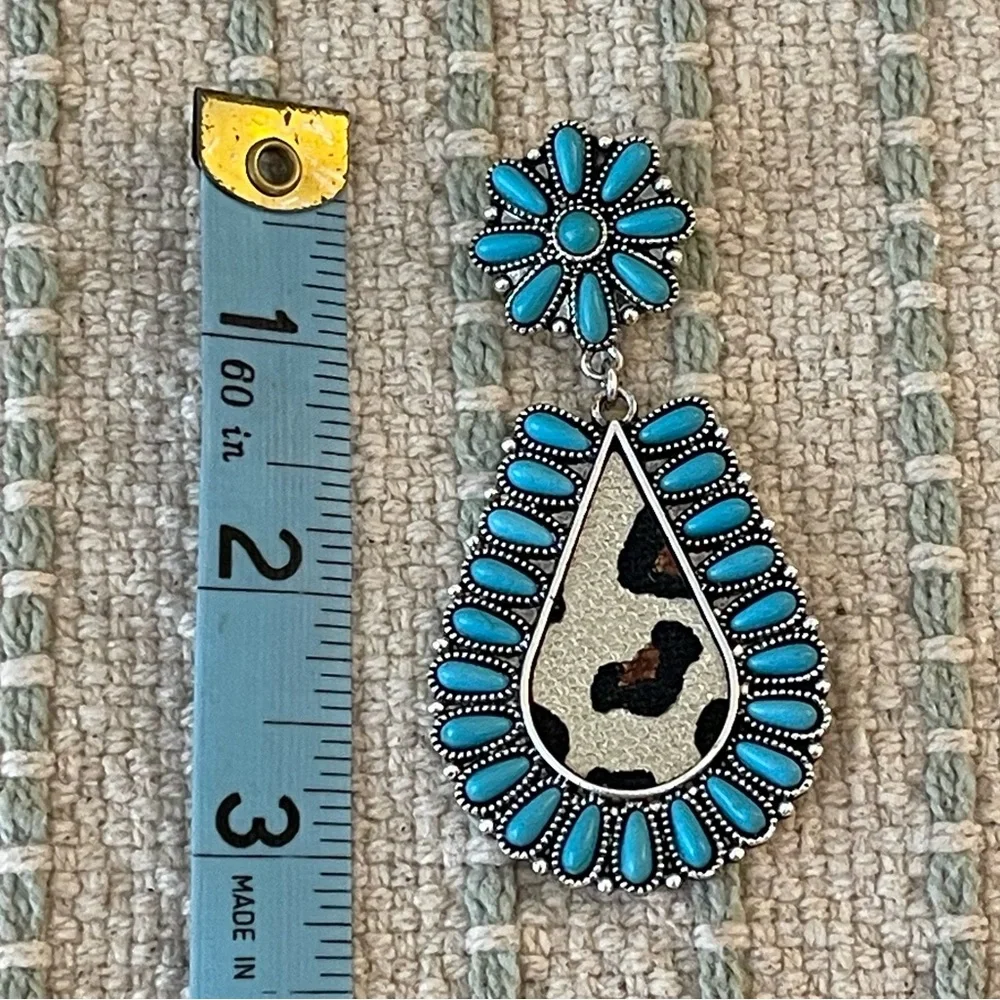 New - Faux Turquoise and Leopard Teardrop Earrings - Picture 2 of 2